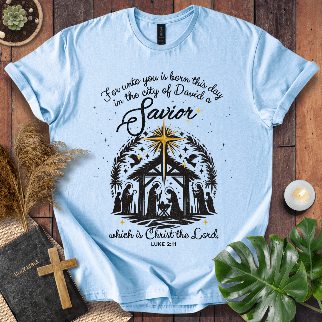 For Unto You Is Born This Day Luke 2:11 Christian Christmas t-shirt with nativity design