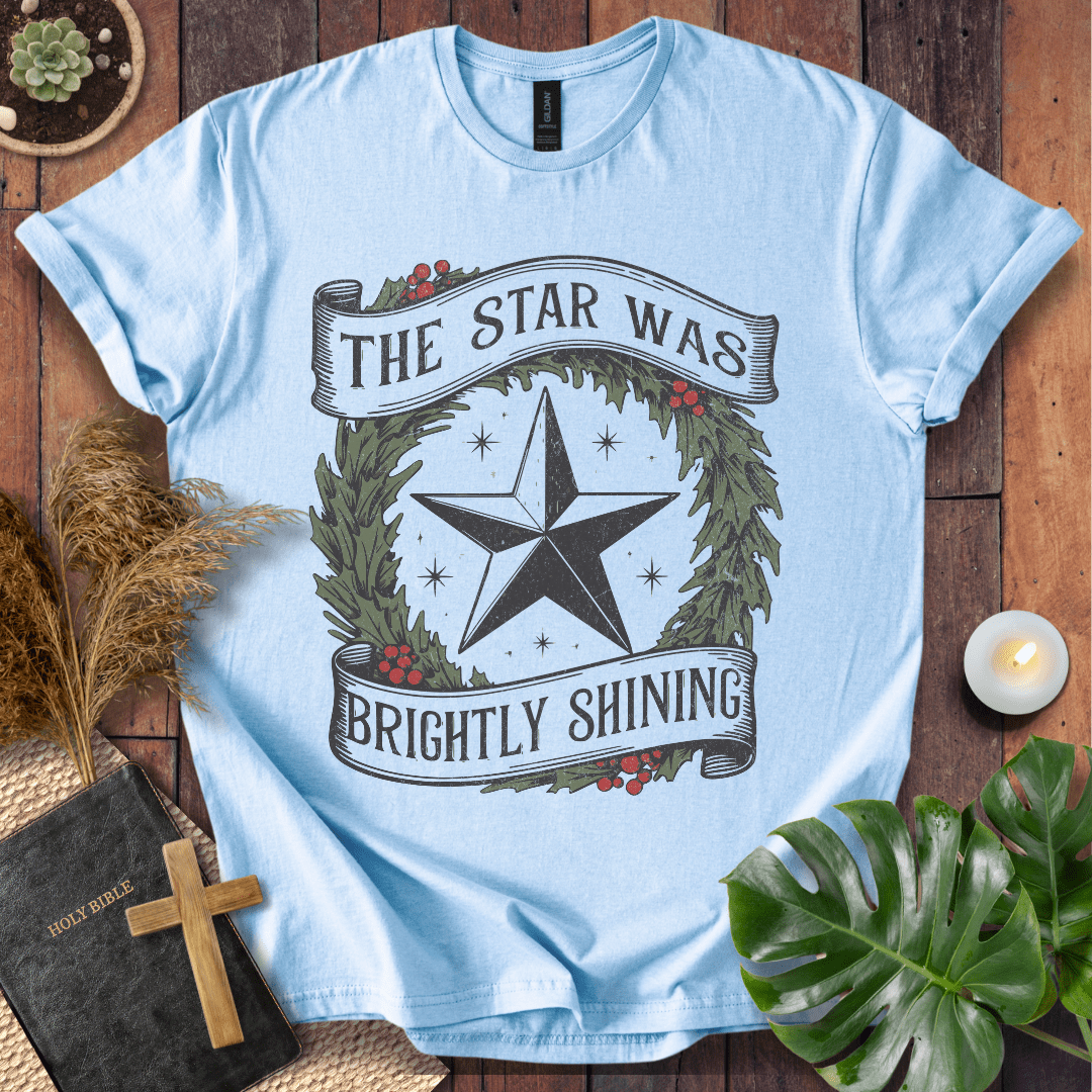 The Star Was Brightly Shining Christian Christmas t-shirt with wreath and star design
