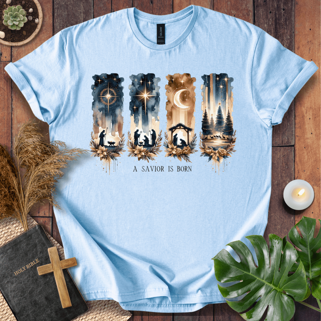 A Savior Is Born Christian Christmas t-shirt with watercolor nativity design