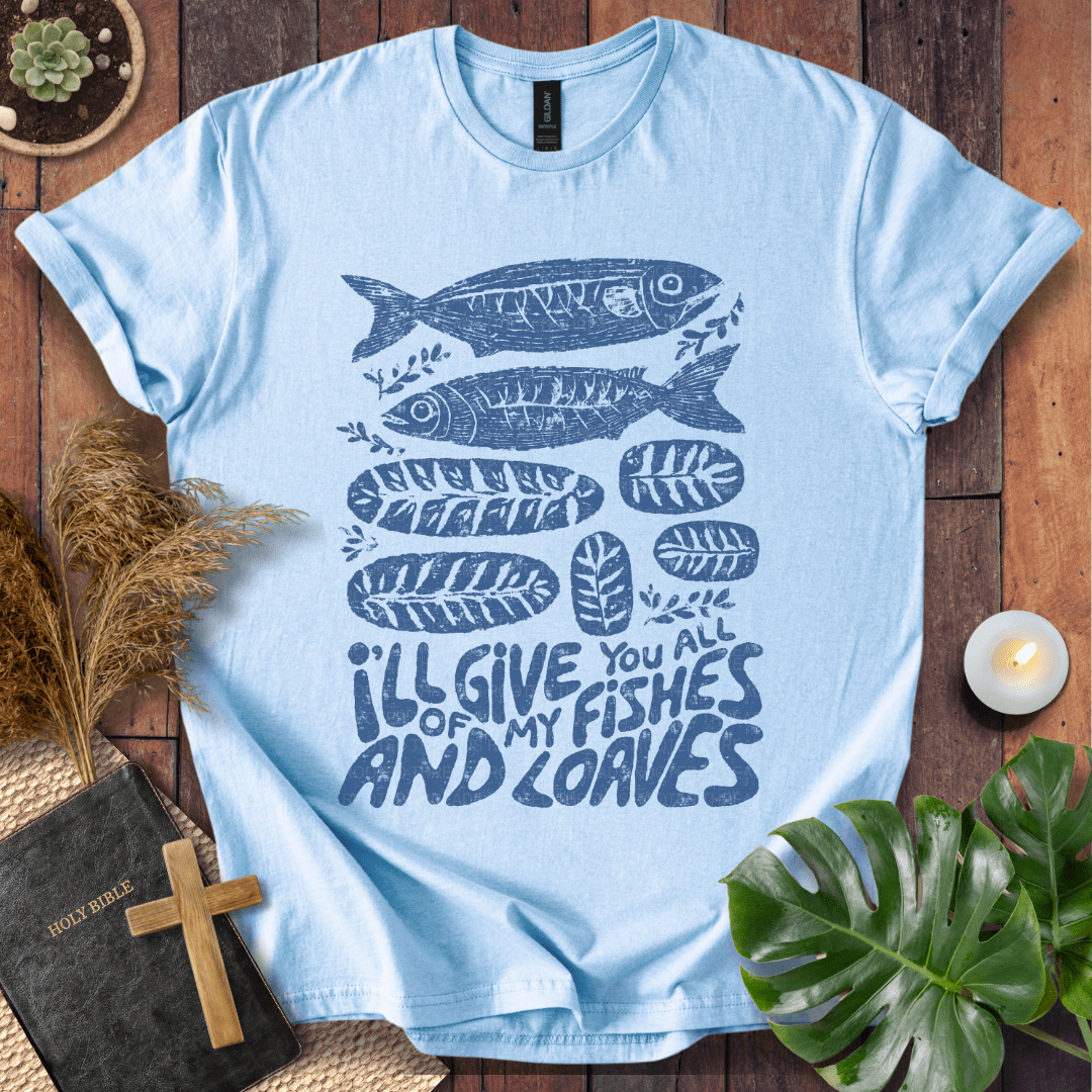 Fishes and loaves Christian t-shirt—hand-drawn fish and bread graphic, John 6.