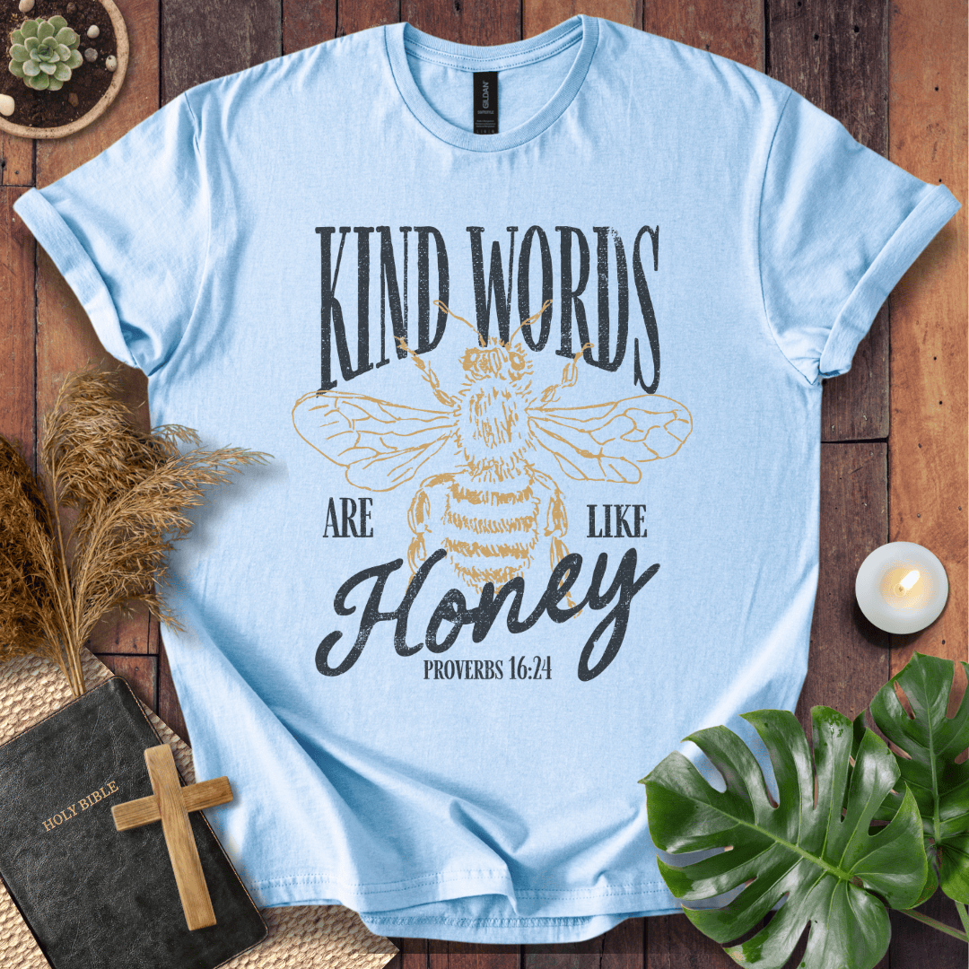 Proverbs 16:24 "Kind Words Are Like Honey" t-shirt featuring a vintage gold honeybee graphic and rustic text.