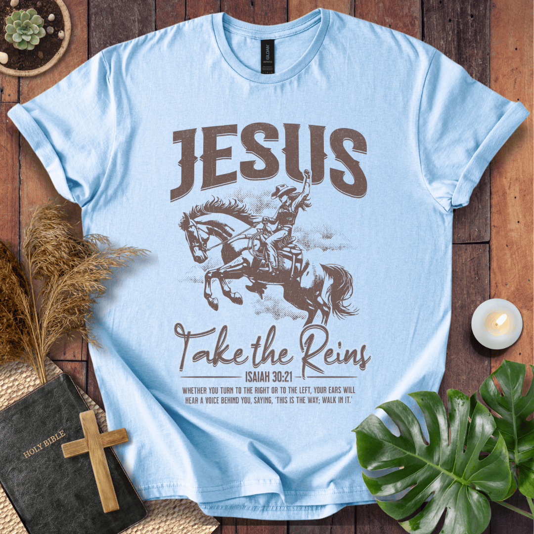 Vintage cowgirl on a horse graphic tee with Isaiah 30:21 bible verse on a shirt for western Christian style.