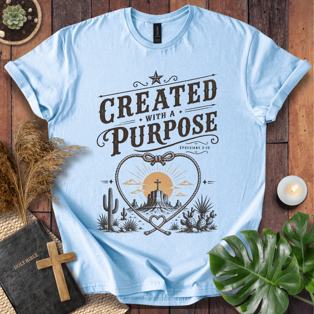 Christian Western t-shirt displaying "Created with a Purpose Ephesians 2:10" with a cross on a desert mesa inside a rope heart.
