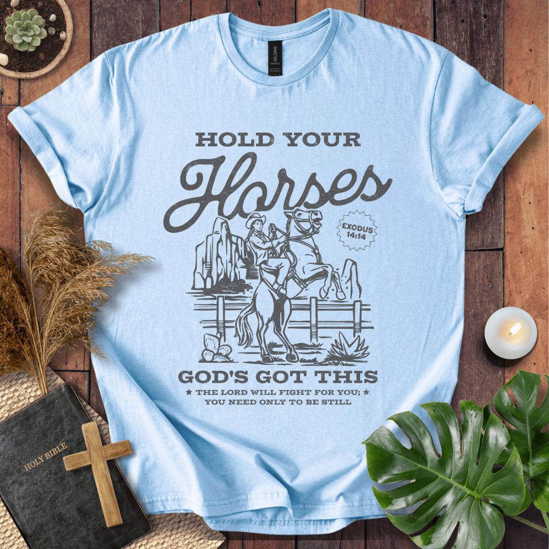 Vintage t-shirt with a cowgirl on a rearing horse and Exodus 14:14 bible verse scripture for women's western style.