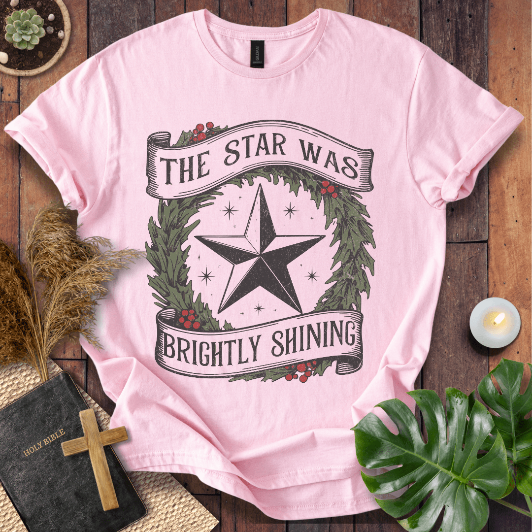 The Star Was Brightly Shining Christian Christmas t-shirt with wreath and star design