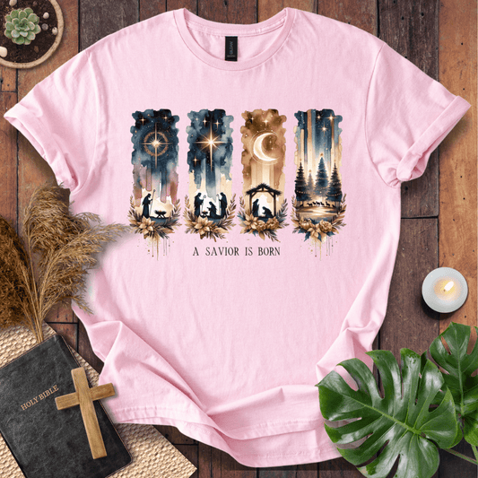 A Savior Is Born Christian Christmas t-shirt with watercolor nativity design