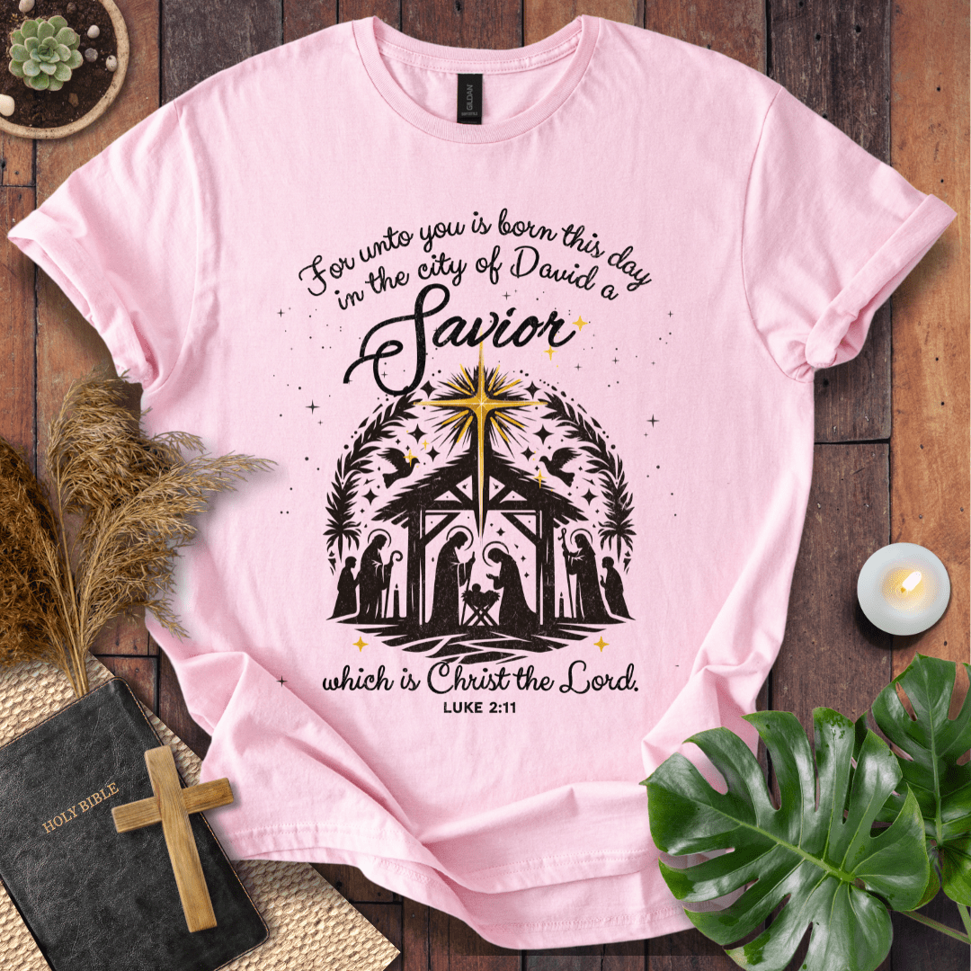 For Unto You Is Born This Day Luke 2:11 Christian Christmas t-shirt with nativity design