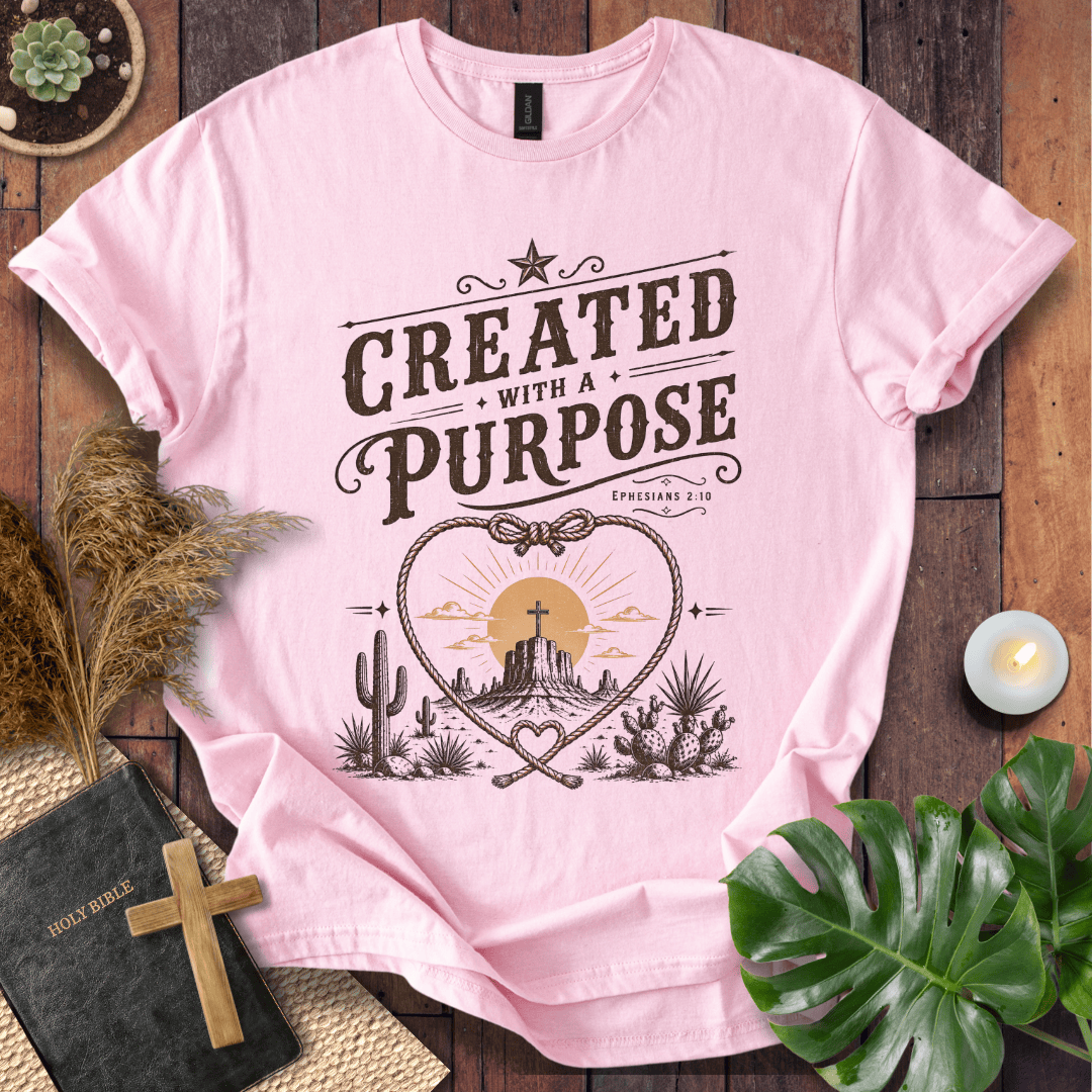 Christian Western t-shirt displaying "Created with a Purpose Ephesians 2:10" with a cross on a desert mesa inside a rope heart.