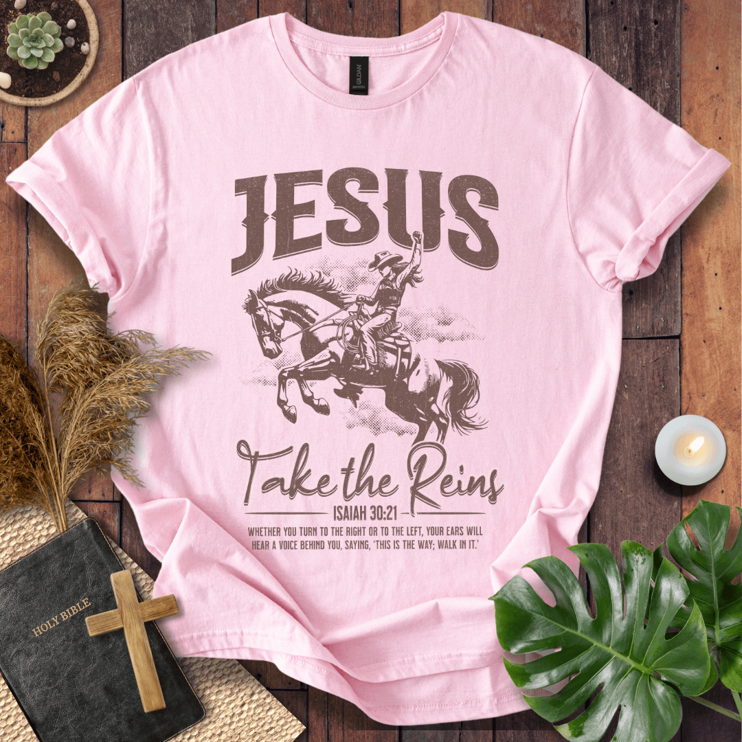Vintage cowgirl on a horse graphic tee with Isaiah 30:21 bible verse on a shirt for western Christian style.