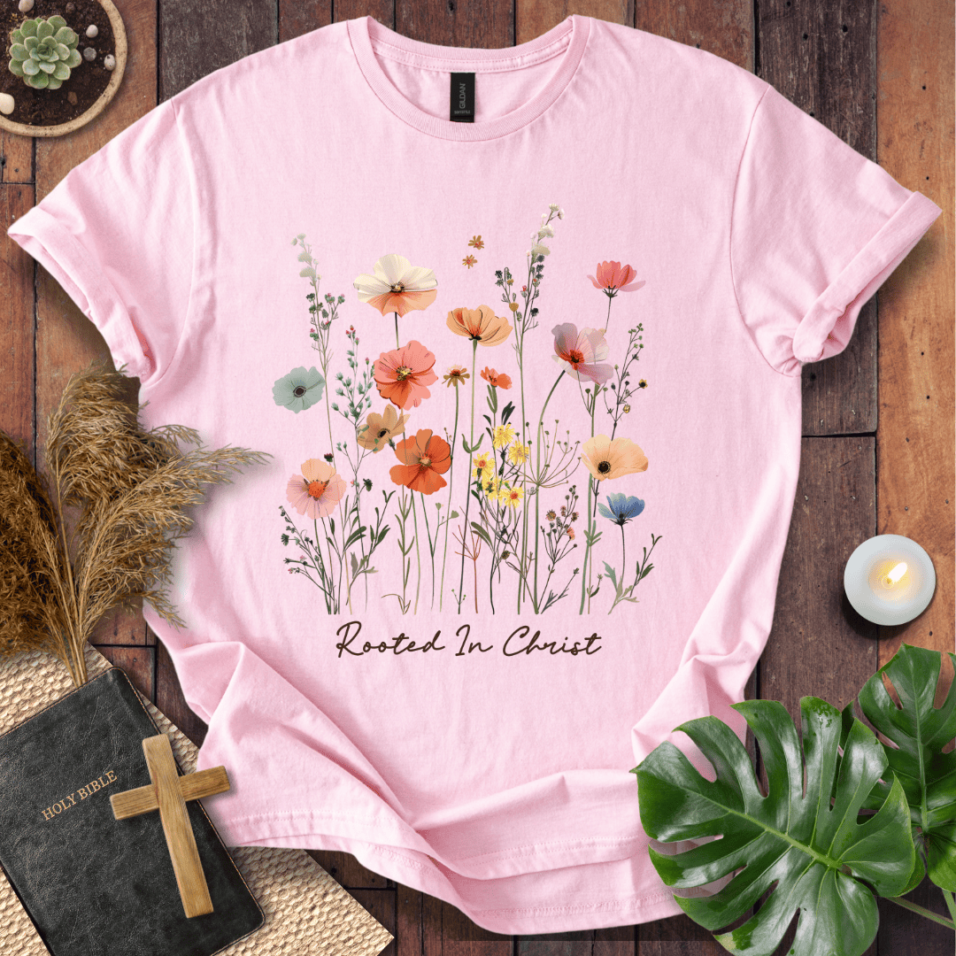 A light pink short-sleeve T-shirt laid flat on a rustic wooden surface, featuring a watercolor-style floral print with the words 'Rooted In Christ' beneath it. The shirt is styled with a Bible, cross, dried grass, green leaves, and a small candle.