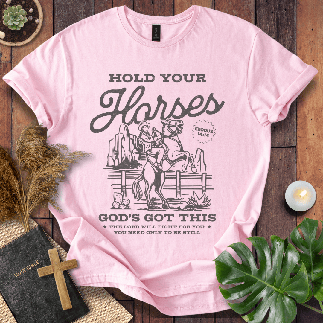 Vintage t-shirt with a cowgirl on a rearing horse and Exodus 14:14 bible verse scripture for women's western style.