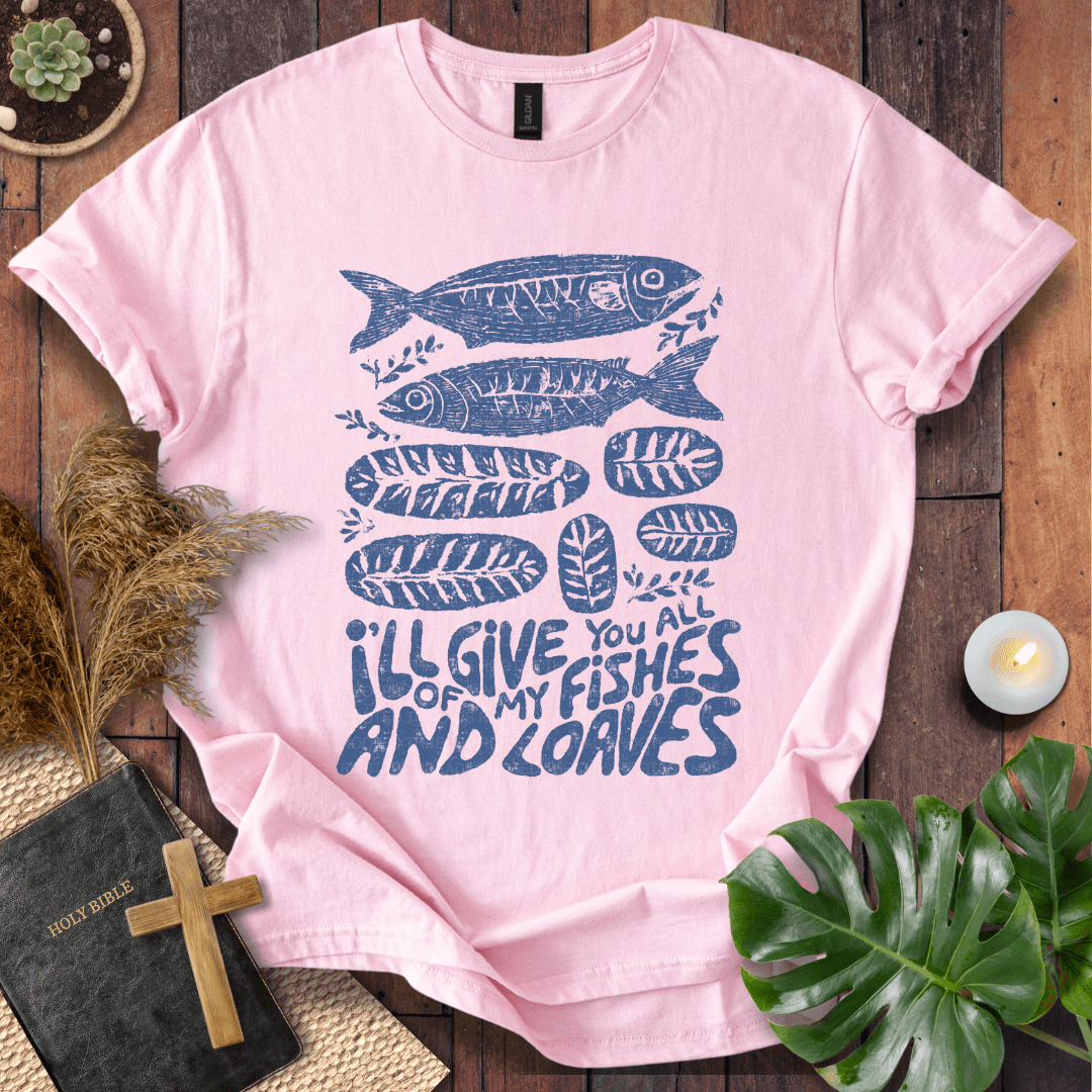 Fishes and loaves Christian t-shirt—hand-drawn fish and bread graphic, John 6.