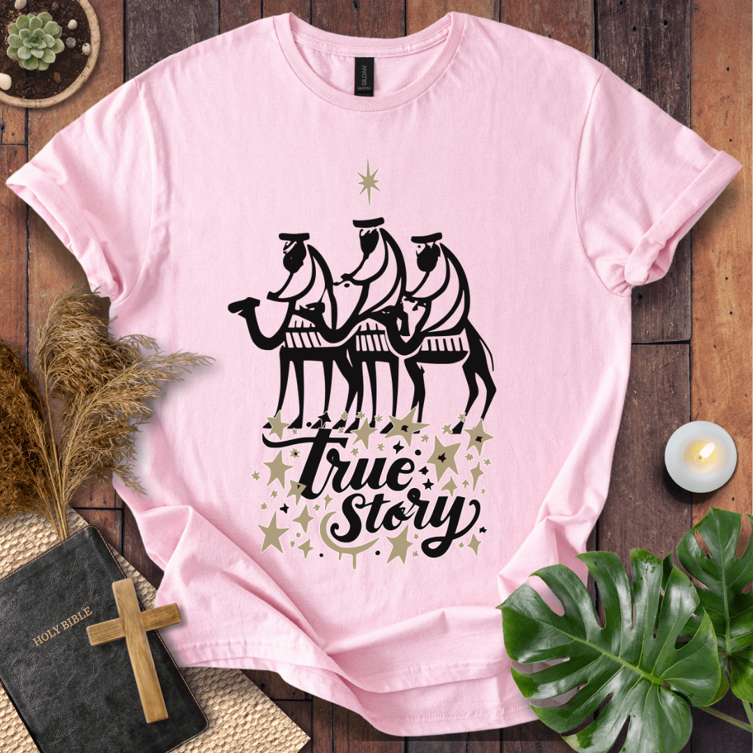Religious Christmas tee featuring nativity scene and faith message