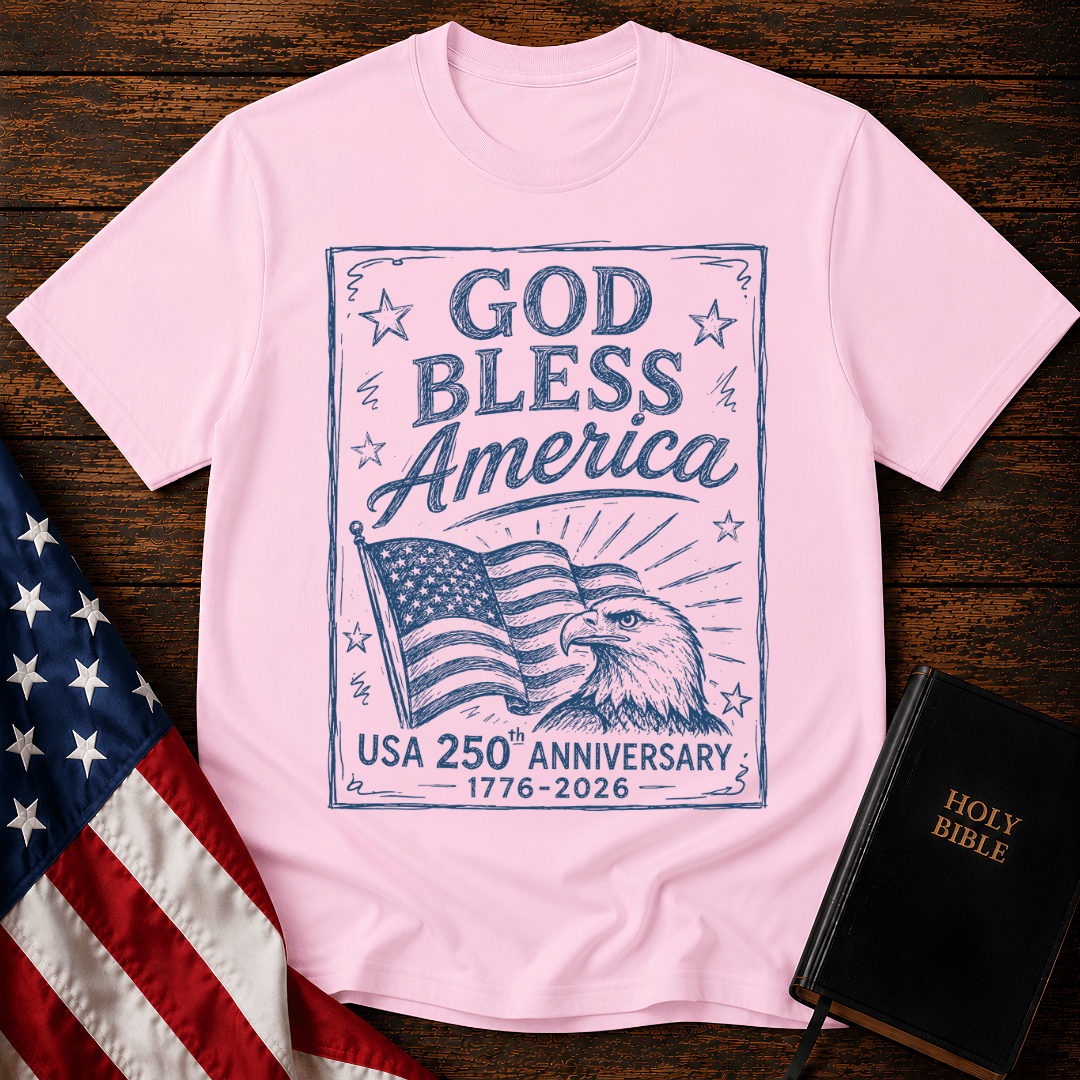 God Bless America USA 250th Anniversary t-shirt with a blue sketch of a bald eagle and American flag next to a Bible.