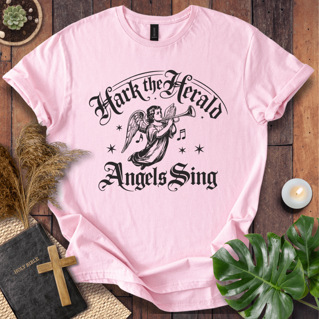 Inspirational Christian t-shirt with angel and music notes – Hark the Herald design