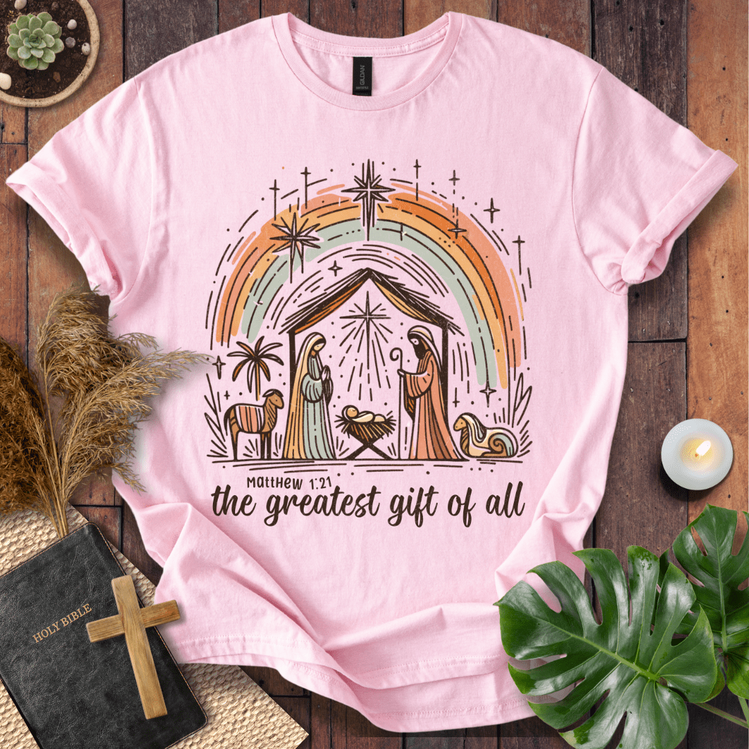 Faith Christmas shirt featuring hand-drawn manger scene – religious holiday tee