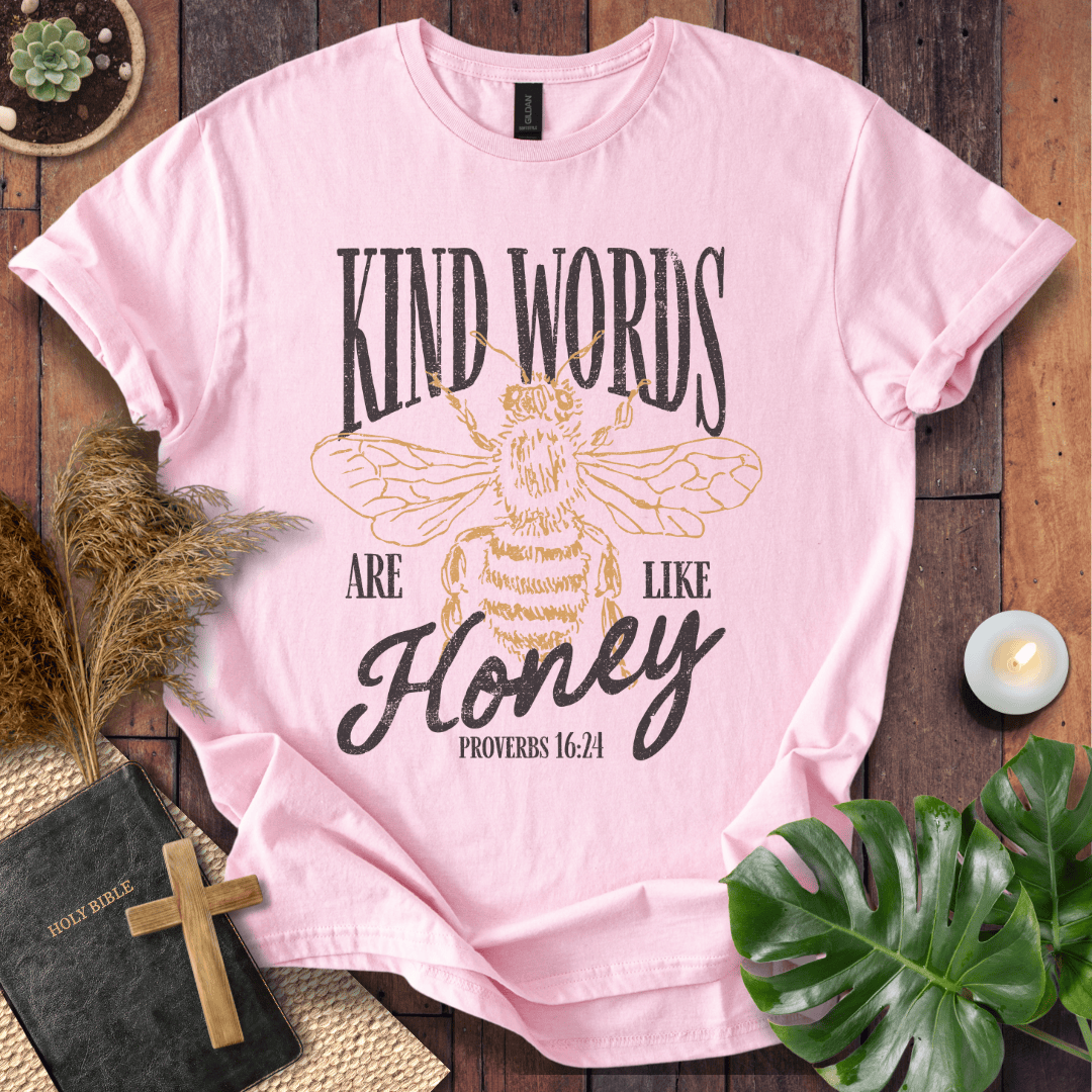 Proverbs 16:24 "Kind Words Are Like Honey" t-shirt featuring a vintage gold honeybee graphic and rustic text.