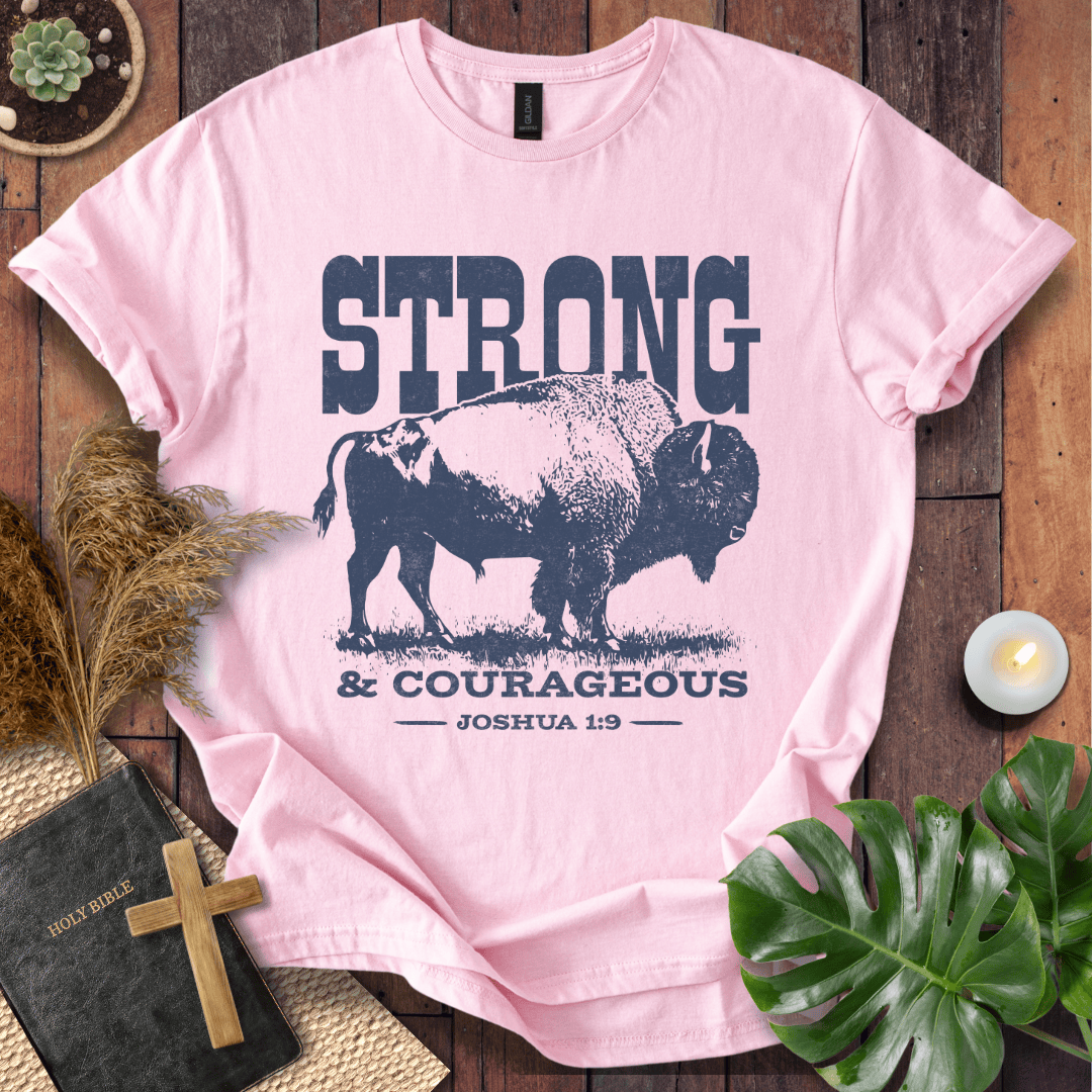 Christian t shirts featuring a vintage bison graphic and the Joshua 1:9 scripture "Strong and Courageous."