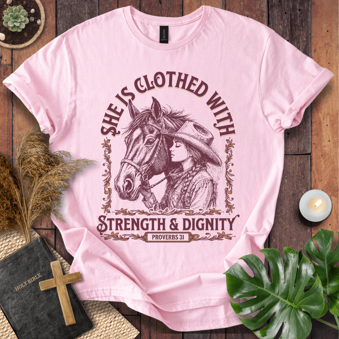 Cowgirl Christian shirt with Scripture design – Strength and Dignity tee