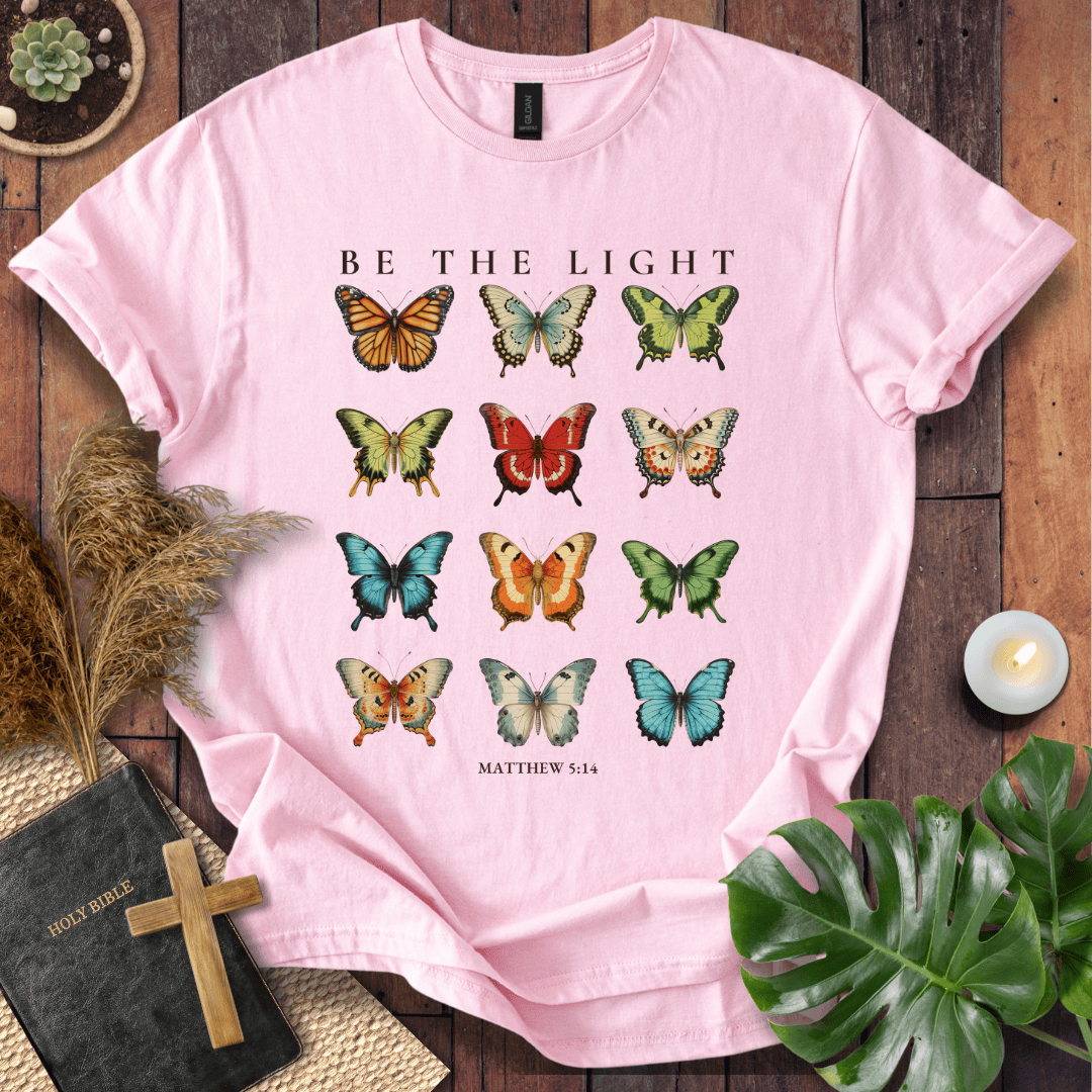 t-shirt featuring 12 vintage-style butterflies with Matthew 5:14 scripture.
