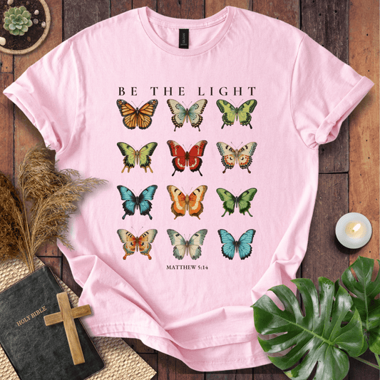 t-shirt featuring 12 vintage-style butterflies with Matthew 5:14 scripture.