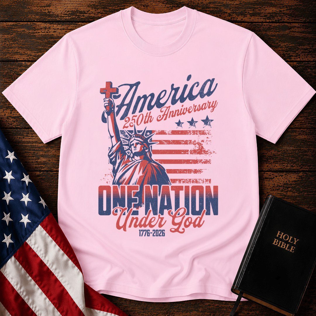Patriotic Christian t shirts featuring the Statue of Liberty holding a cross with the American flag.