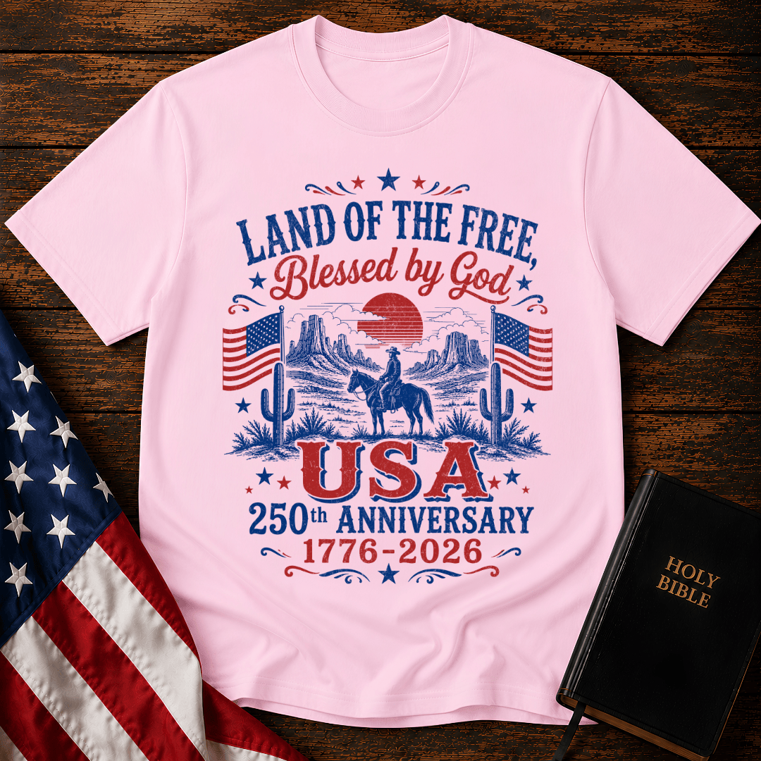 Vintage USA 250th anniversary Christian t shirt featuring a cowboy on a horse in a desert landscape with American flags.