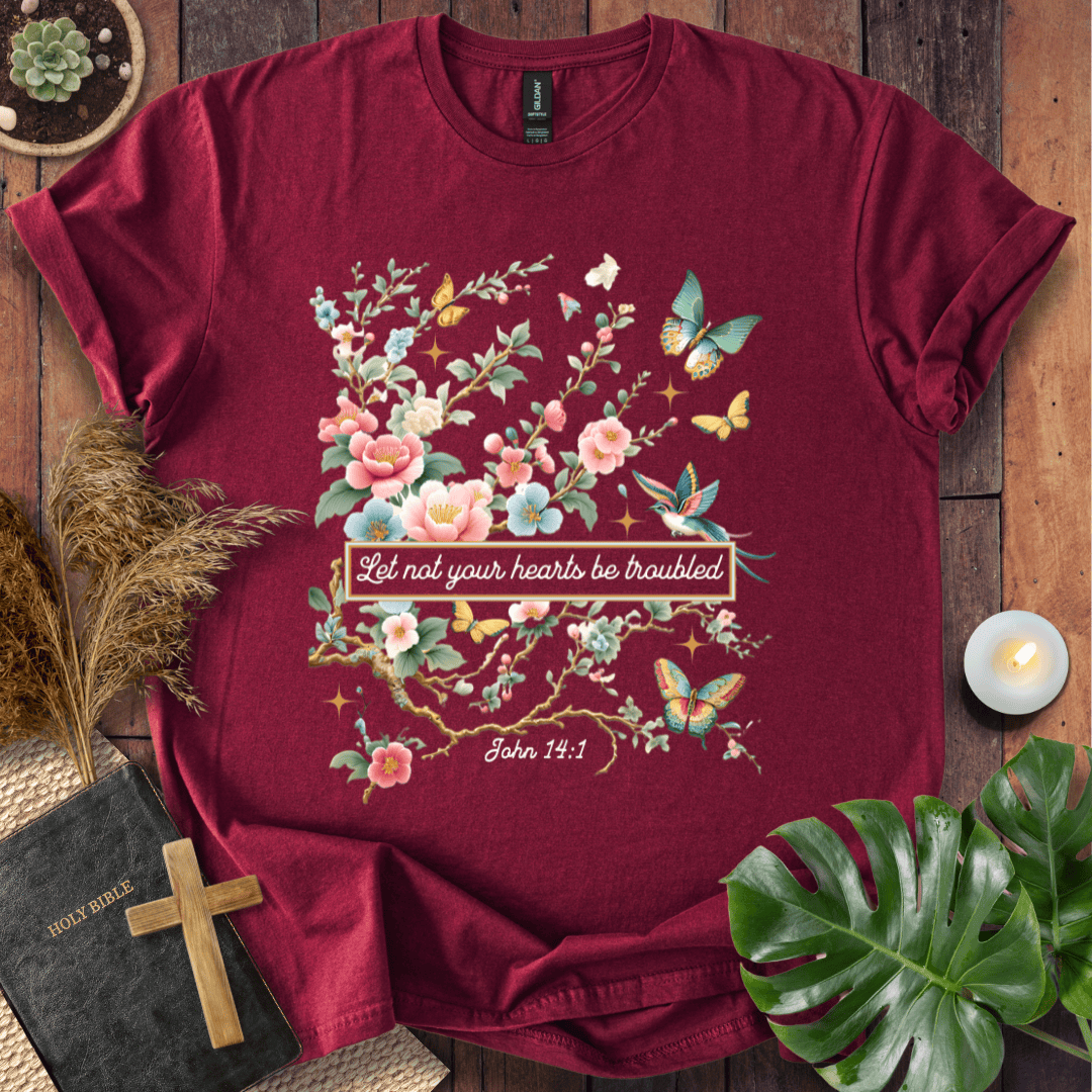 Christian t shirt for women featuring John 14:1 with pink flowers, butterflies, and a hummingbird in a botanical style.