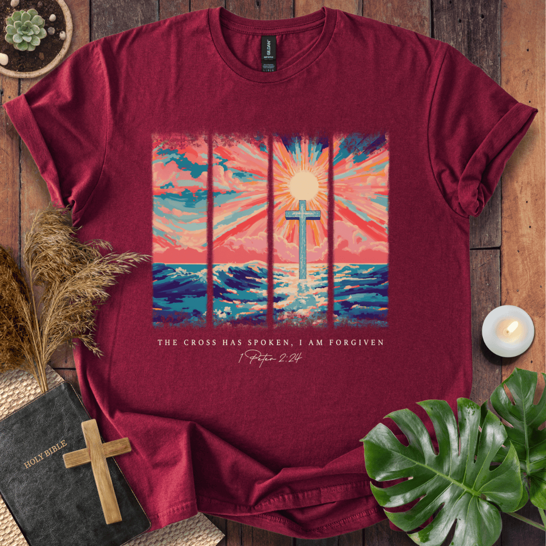 Christian t shirt for women featuring a colorful sunrise cross design and 1 Peter 2:24 scripture for Easter.
