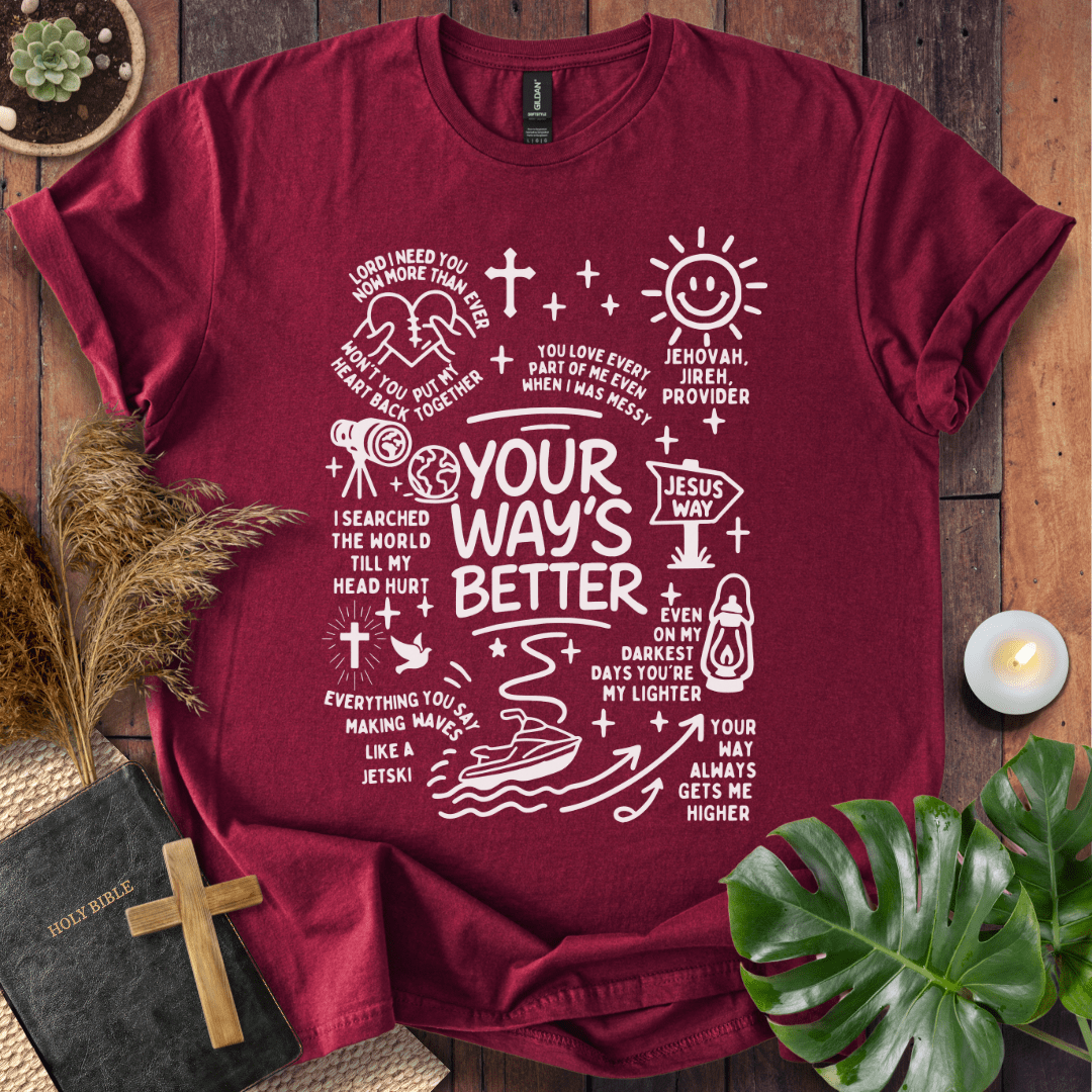 “Your Way’s Better” Christian t-shirt with doodle icons (crosses, lantern, Jesus Way sign); modern faith tee.