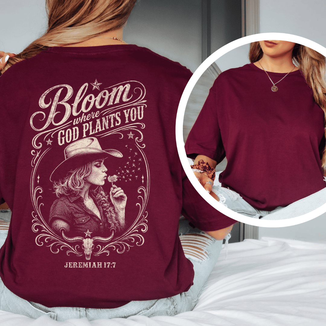 Back of Bloom Where God Plants You t-shirt from the Black.jpg file, featuring a western cowgirl and steer skull.