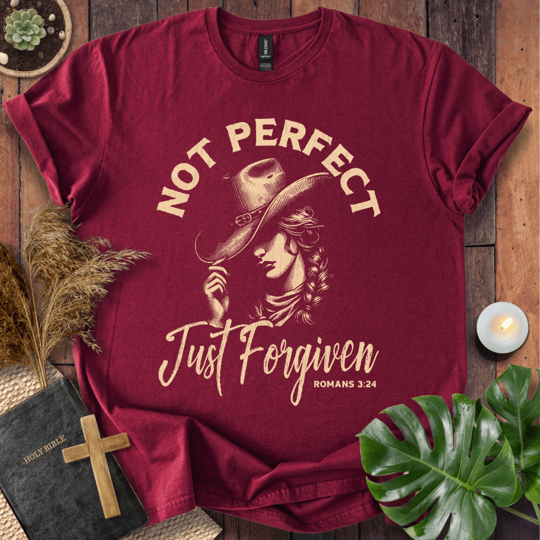 Not Perfect Just Forgiven Christian t-shirt for women with cowgirl design