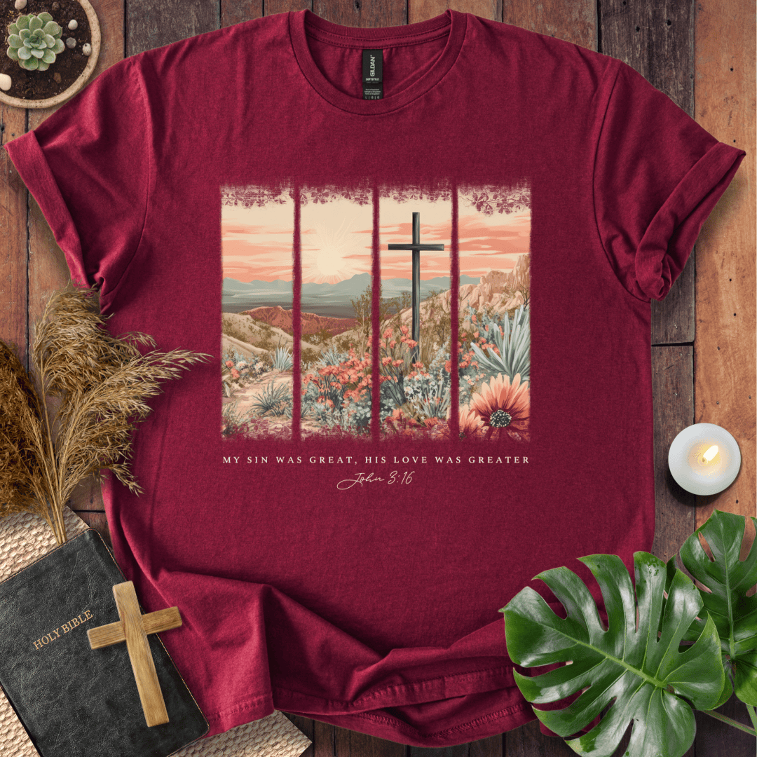 Christian Easter t-shirt with a vintage desert cross scene and John 3:16 text "My sin was great, His love was greater."