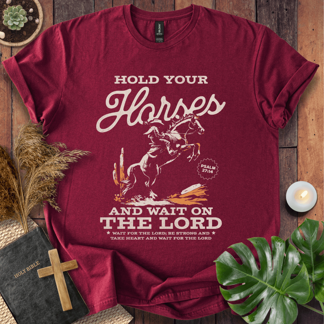 Black western t-shirt featuring a cowboy on a rearing horse with the text Hold Your Horses and Psalm 27:14 bible verse.