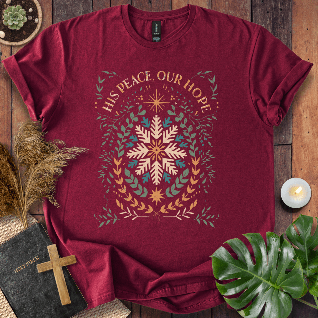 His Peace Our Hope Christian Christmas t-shirt with snowflake and wreath design