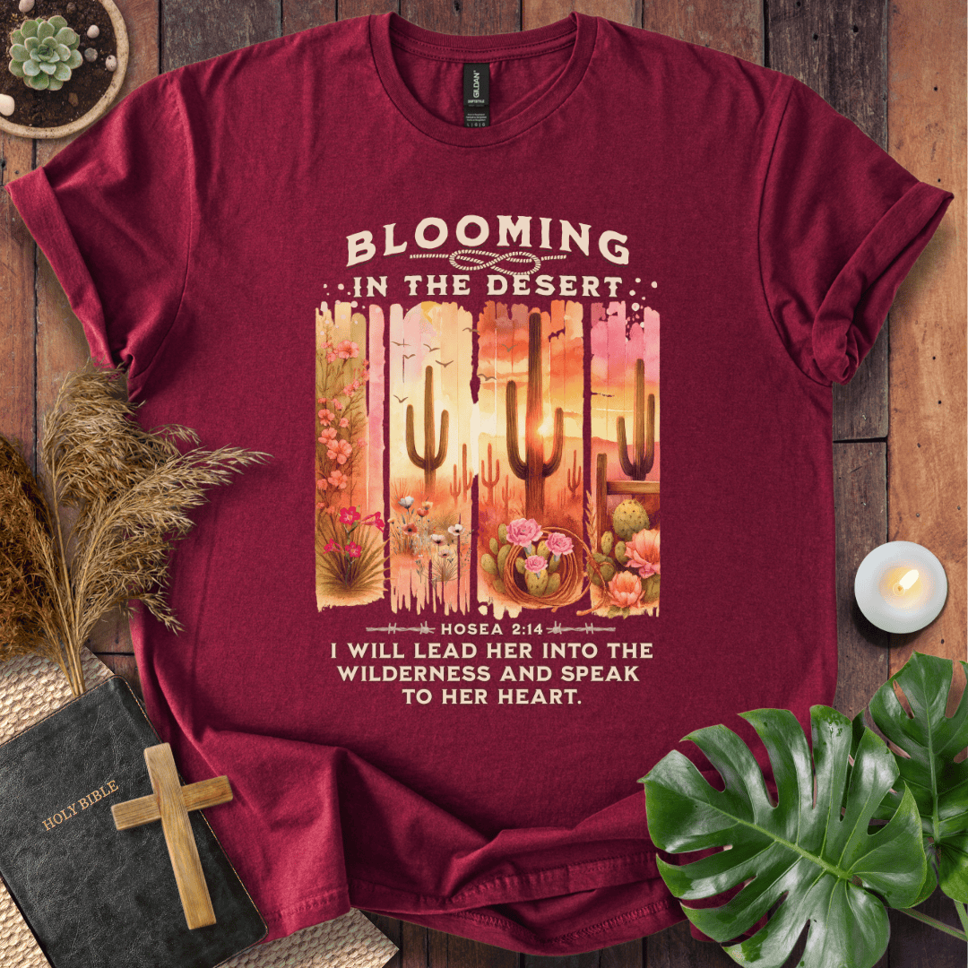 Christian t-shirt with desert sunset, cacti, and Hosea 2:14 scripture "I will lead her into the wilderness."