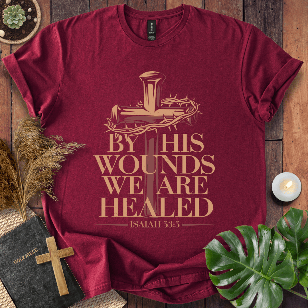 Christian Easter t-shirt with a rustic cross and crown of thorns graphic featuring the Bible verse Isaiah 53:5.