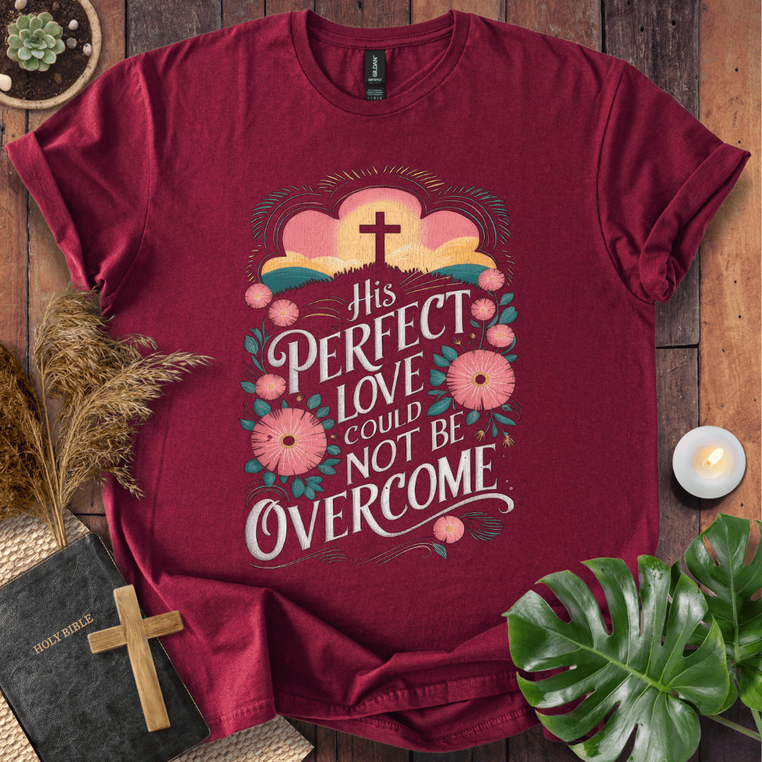 Easter t-shirt with a vintage floral cross design and the quote His Perfect Love Could Not Be Overcome for Easter.