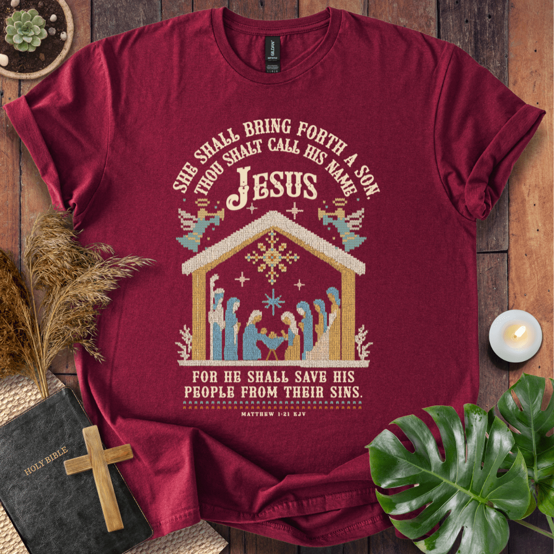 She Shall Bring Forth a Son Christian Christmas t-shirt with nativity cross-stitch design