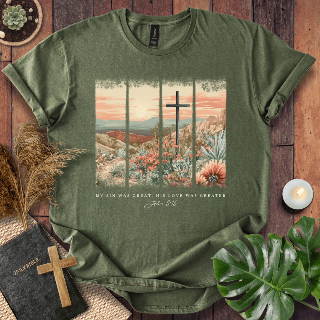 Christian Easter t-shirt with a vintage desert cross scene and John 3:16 text "My sin was great, His love was greater."