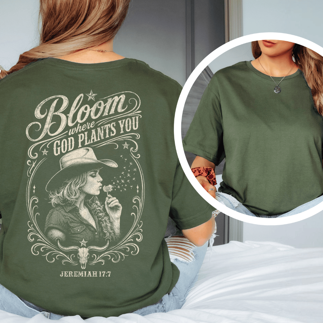 Back of Bloom Where God Plants You t-shirt from the Black.jpg file, featuring a western cowgirl and steer skull.