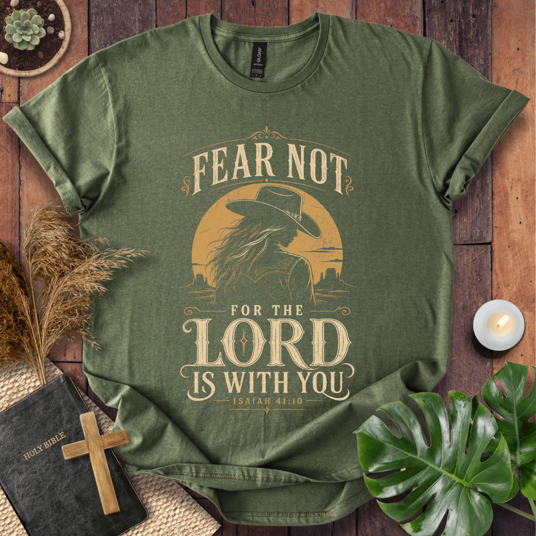 Christian t-shirt with a cowgirl silhouette, desert sunset, and Isaiah 41:10 Bible verse scripture.
