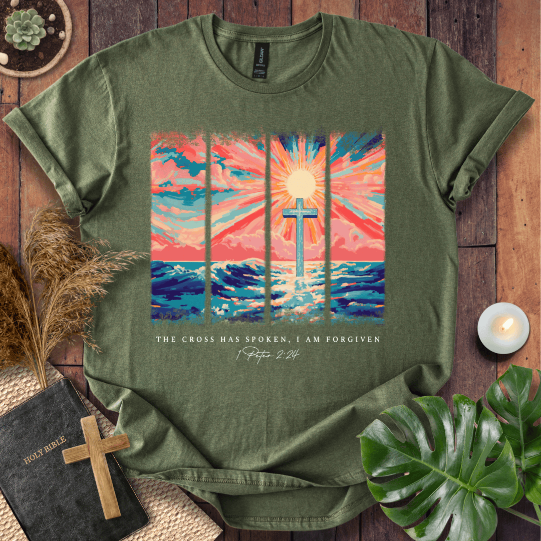 Christian t shirt for women featuring a colorful sunrise cross design and 1 Peter 2:24 scripture for Easter.