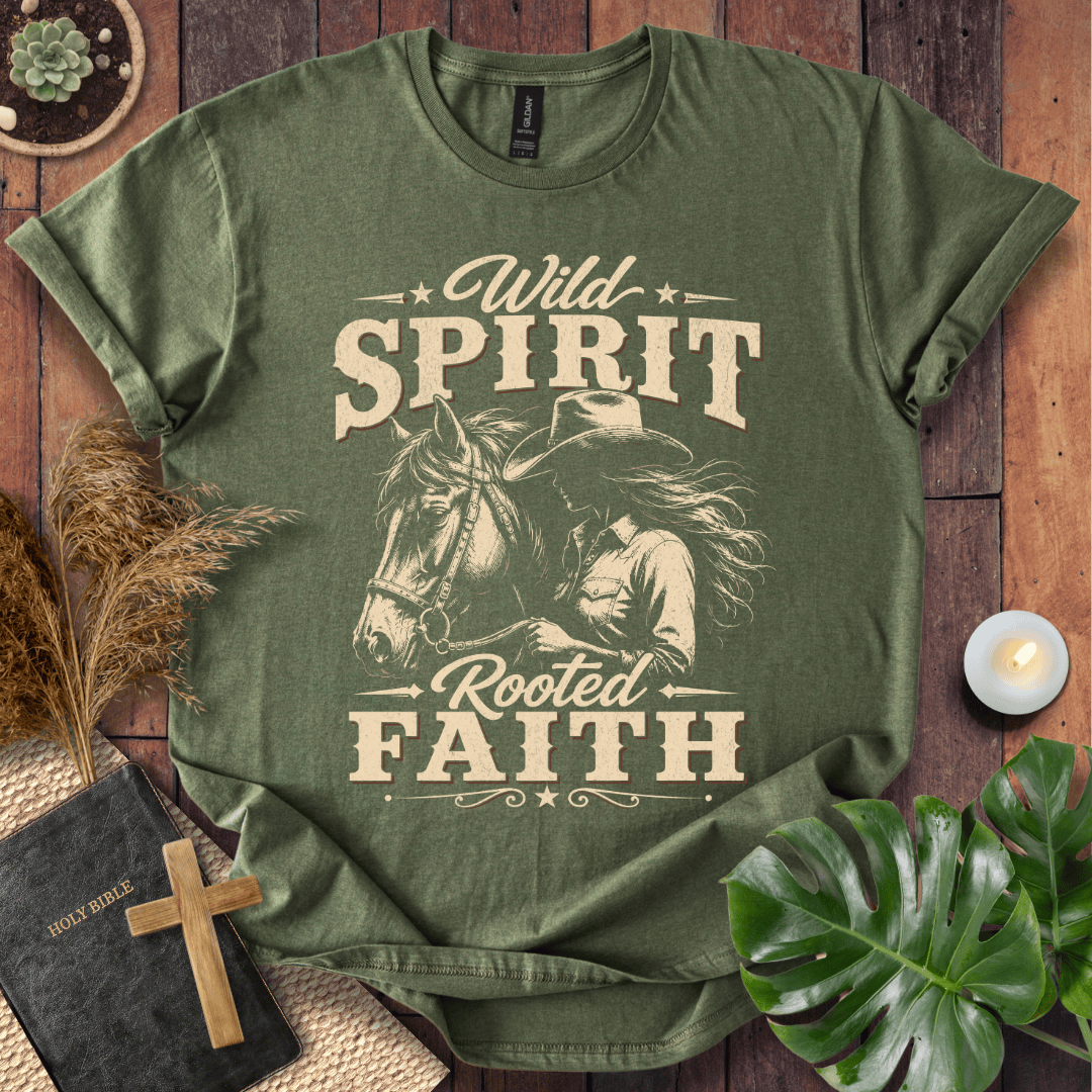 women's Christian tee shirt featuring a western cowgirl and horse with the text Wild Spirit Rooted Faith.