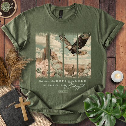 Isaiah 40:31 Christian t-shirt in forest green—flying eagle over desert cactus panels; renew their strength.