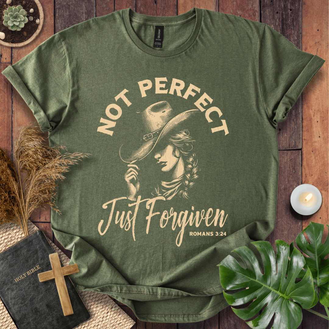 Not Perfect Just Forgiven Christian t-shirt for women with cowgirl design