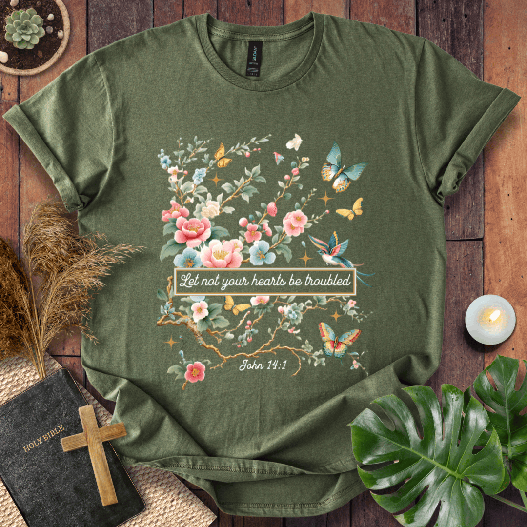 Christian t shirt for women featuring John 14:1 with pink flowers, butterflies, and a hummingbird in a botanical style.