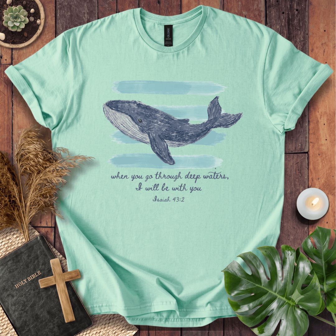 A mint green graphic t-shirt laid flat on a rustic wooden background, featuring a watercolor illustration of a gray whale and the scripture quote 'when you go through deep waters, I will be with you Jesus 43:2'. The shirt is styled with a bible, a wooden cross, dried grass, a small candle, and green leaves.