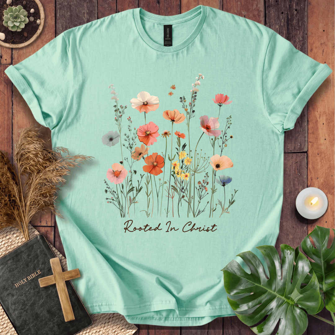 A mint green short-sleeve t-shirt with a colorful watercolor floral print and the text 'Rooted In Christ' on the front, styled in a flat-lay arrangement on a wooden background with a book, cross, dried grass, a plant, and a candle.