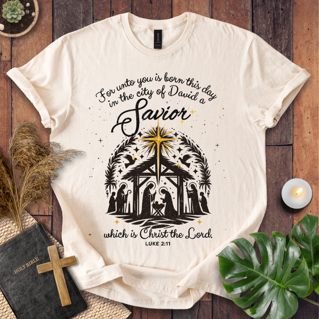 For Unto You Is Born This Day Luke 2:11 Christian Christmas t-shirt with nativity design